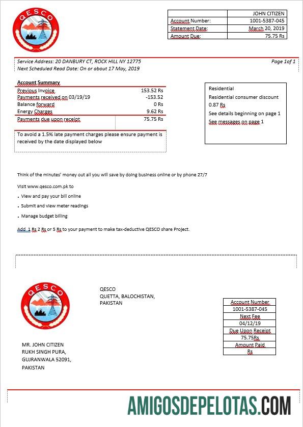 Conta de eletricidade da empresa de fornecimento elétrico do Paquistão Quetta em formato Word exemplo